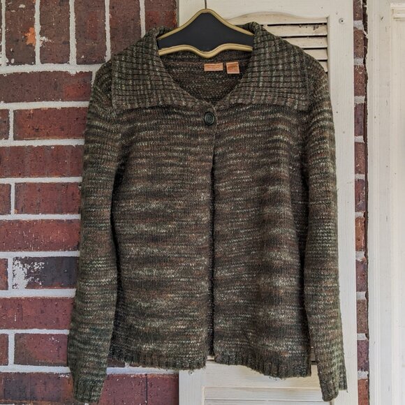 Women's North Crest Green Brown Multi Color Sweater Cardigan One Button Large - Picture 8 of 8